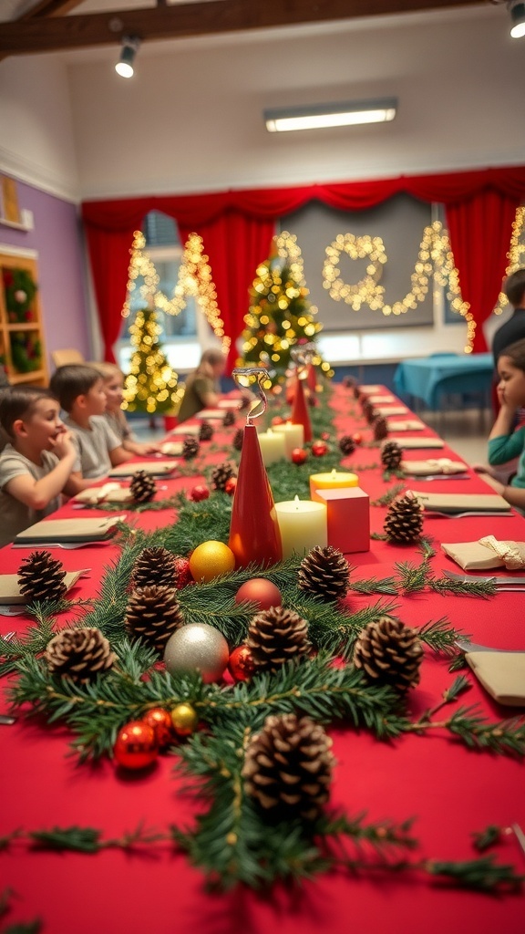 A beautifully decorated Christmas table for a school event with festive colors and decorations.